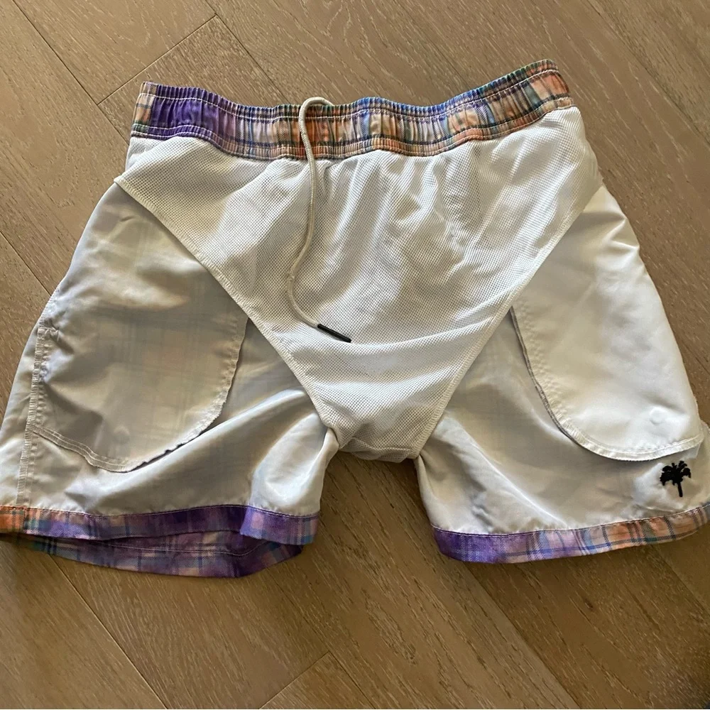 OAS TARTAN TIE DYED 4’ inch swim trunks pockets elastic drawstring waist M